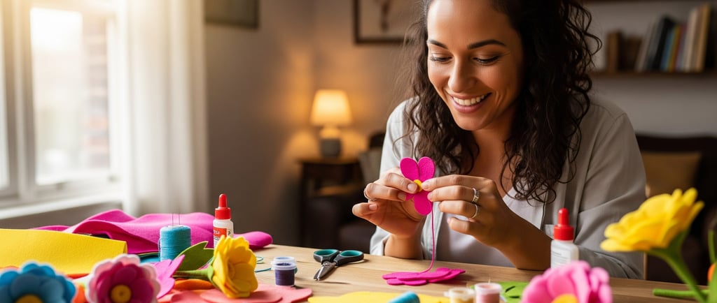 woman smiling and making felt flowers