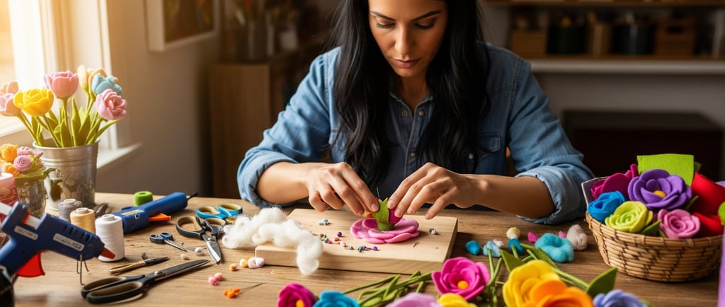 woman making felt flowers at desk