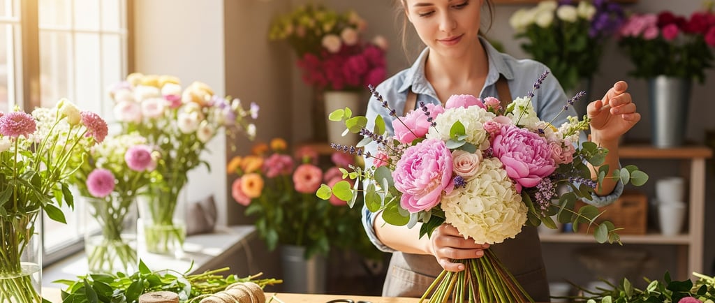 female florist preparing the perfect bouquet 
