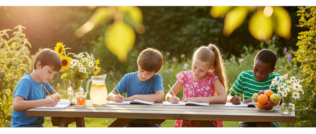 children sat down at outside table writing
