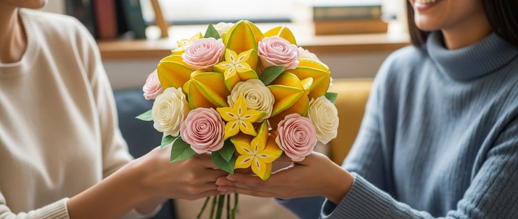 woman giving a bouquet of paper flowers to a friend