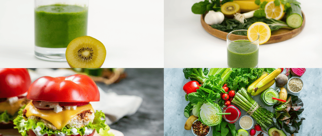 a variety of food items including a sandwich, salad, and a glass of juice