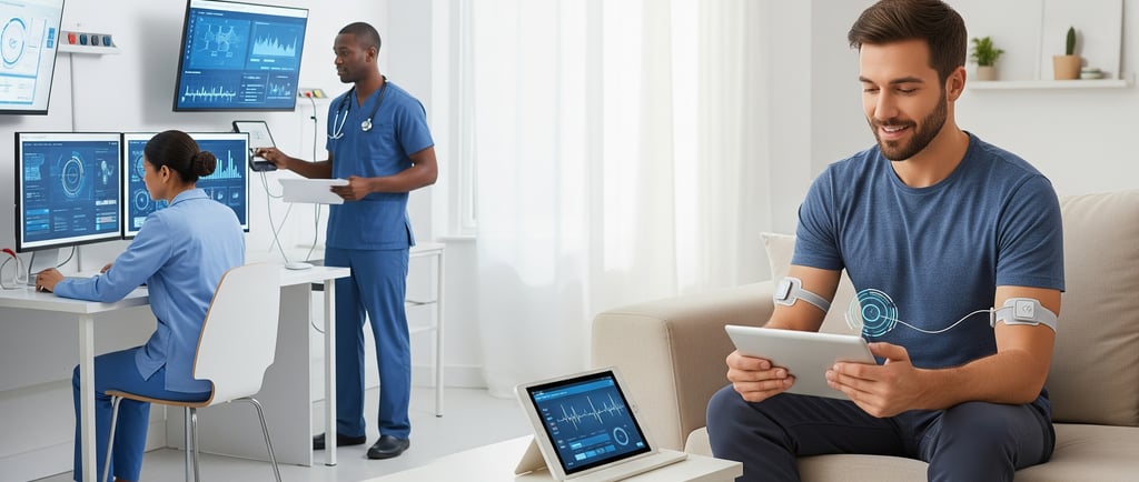 Paciente em casa sendo monitorado remotamente por profissionais da saúde com uso de tecnologia digit