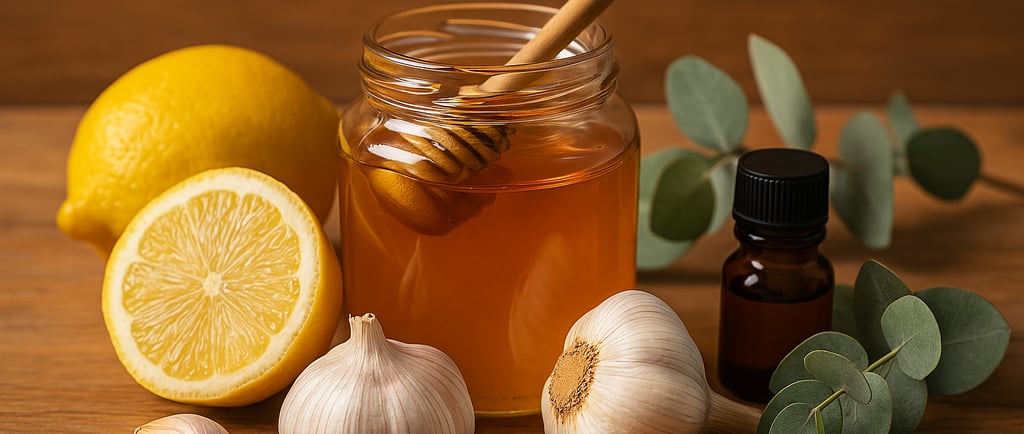 Ingredientes naturales como miel, ajo y jengibre usados como remedios contra el resfriado común