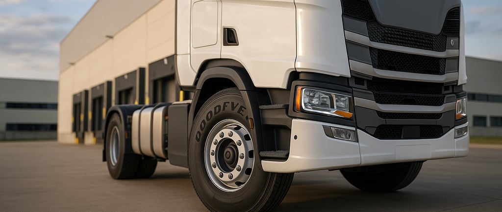 Cabeza tractora en perspectiva con neumático Goodyear en el eje delantero, junto a muelles de carga