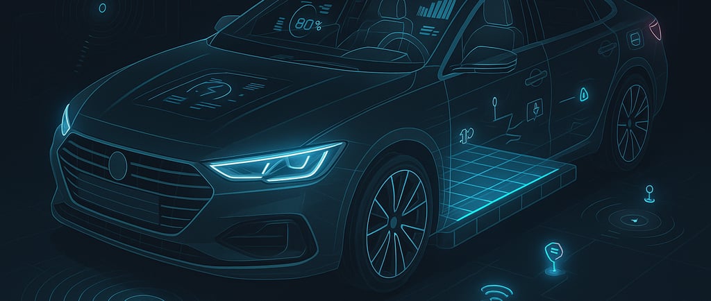 Concepto técnico de un coche moderno en 2025 con interfaz digital y arquitectura electrónica avanzad