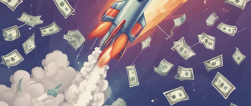 a rocket ship with money bills coming out of itt