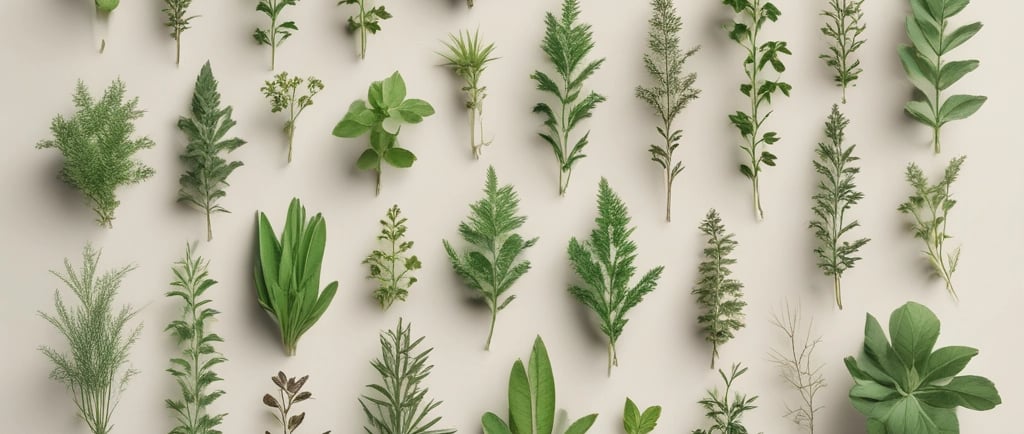 Various wellness and beauty products, including oils in bottles, a bowl of oil, dried flowers, crystals, a smudge stick, and a small dish of cream, are arranged aesthetically on a light surface. The scene is decorated with colorful flowers and herbs.