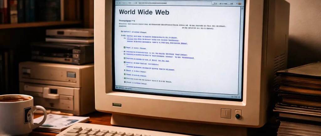 Primeiro site do mundo exibido em computador vintage com monitor CRT mostrando a página World Wide W