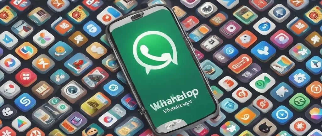 Um smartphone exibindo o logotipo do WhatsApp, cercado por vários ícones coloridos de aplicativos mó
