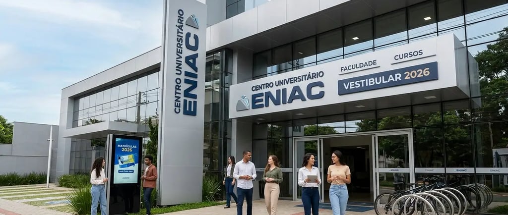Estudantes caminham em frente ao prédio do campus do Centro Universitário Eniac em Guarulhos.
