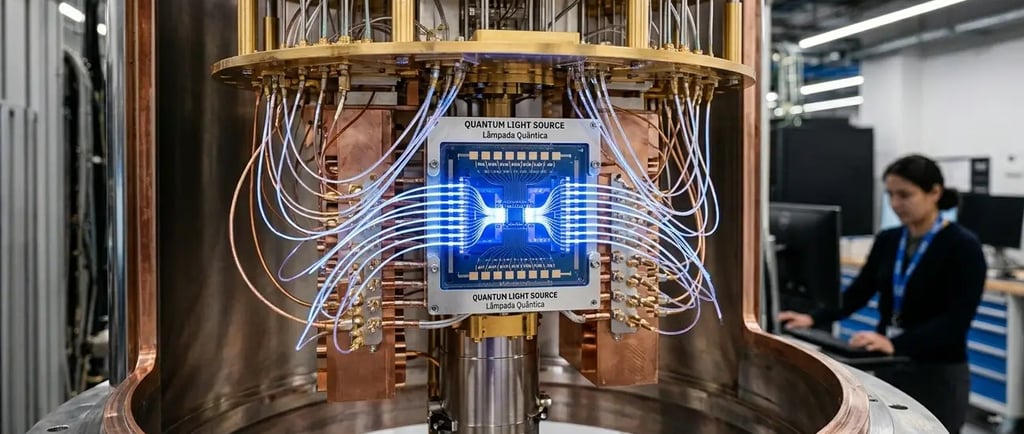Chip quântico luminoso em refrigerador de diluição em laboratório
