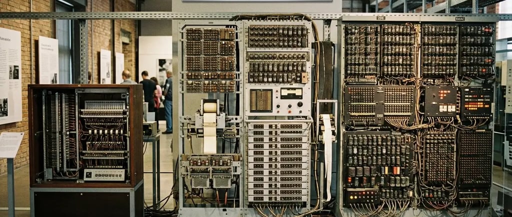 Comparação dos primeiros computadores Z3, Colossus e ENIAC exibidos em um museu de tecnologia.