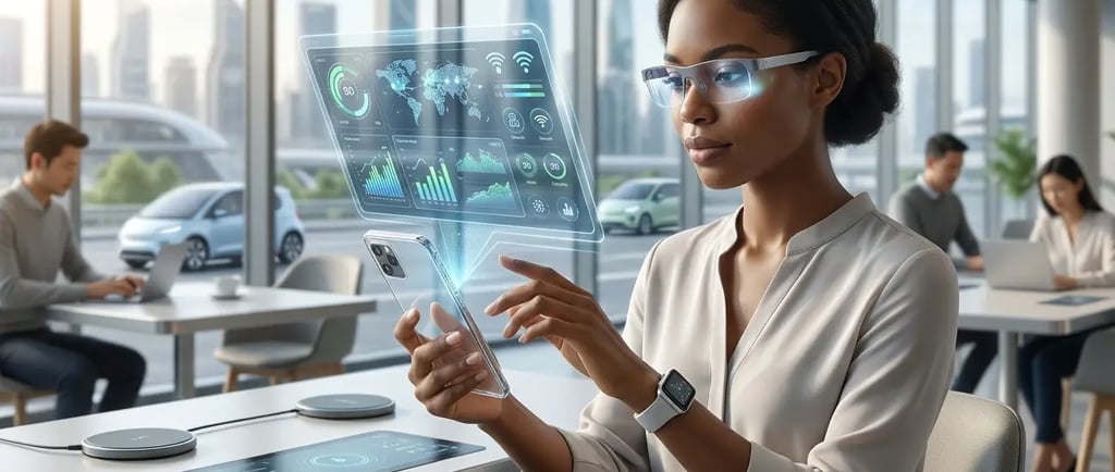  Empresária usando óculos inteligentes visualiza um painel holográfico de dados digitais.
