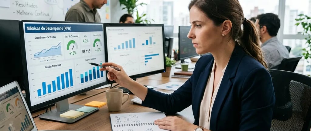  Analista de negócios analisando KPIs e gráficos de vendas em monitores de computador