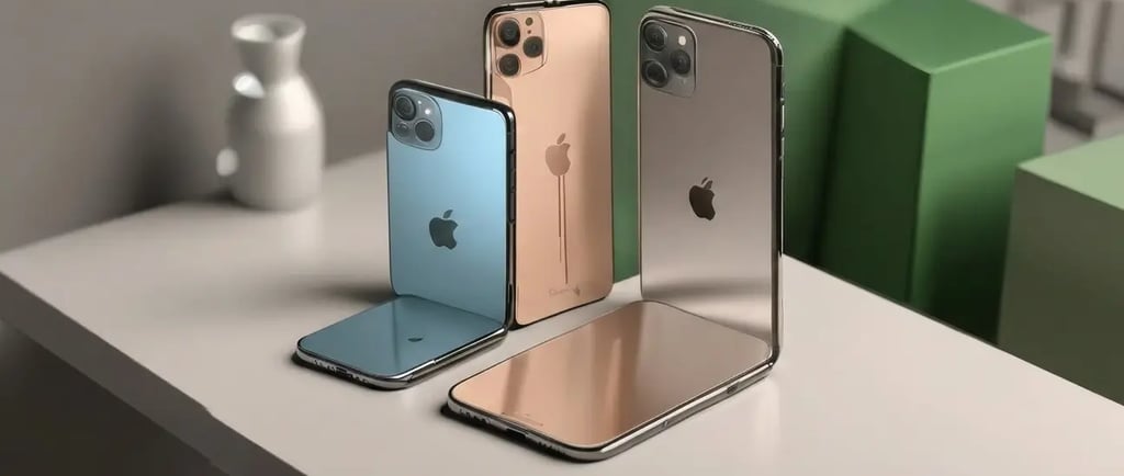 Três modelos de iPhone dobráveis em azul, dourado e prata exibidos sobre uma superfície branca