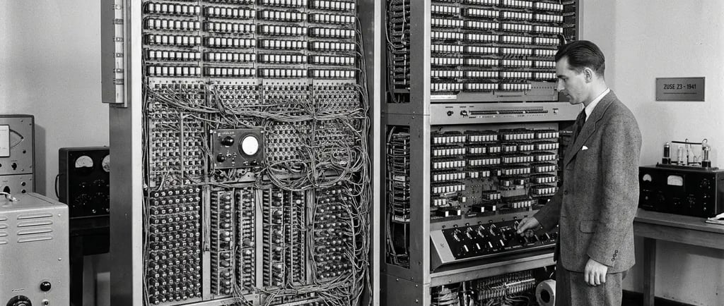 Engenheiro operando o Zuse Z3, o primeiro computador digital programável do mundo, com gabinetes 
