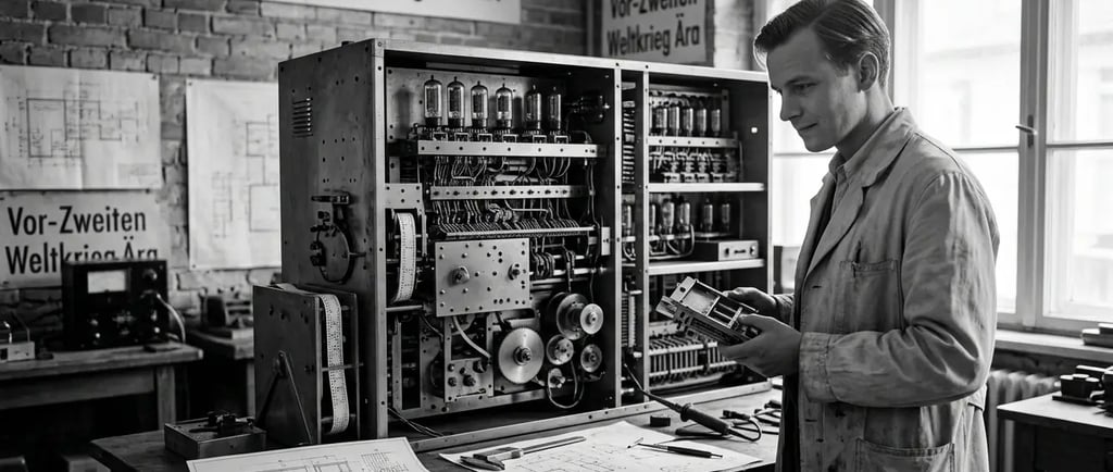 Konrad Zuse no computador Z1 em oficina de Berlim, antes da Segunda Guerra Mundial