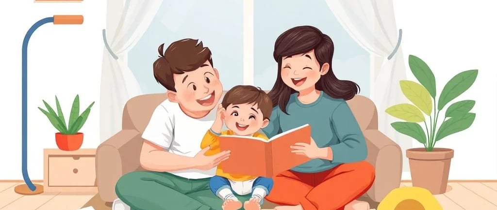 Criança e pais brincando juntos com brinquedos educativos, fortalecendo o vínculo e estimulando 