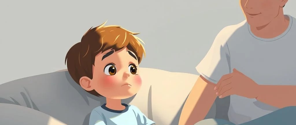 Criança pensativa com expressão preocupada recebendo apoio de um adulto atencioso, simbolizando cuid