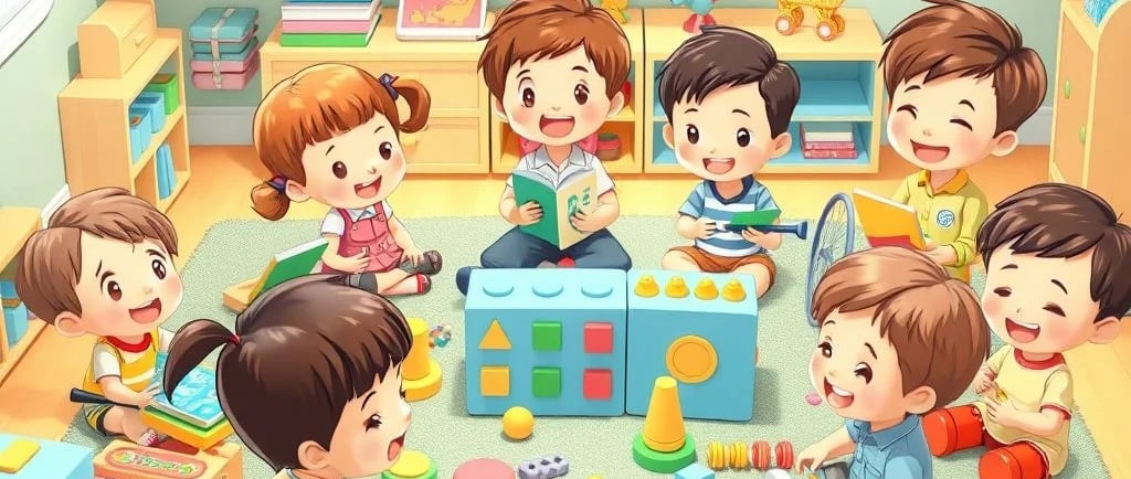 Crianças brincando com brinquedos educativos em ambiente colorido.