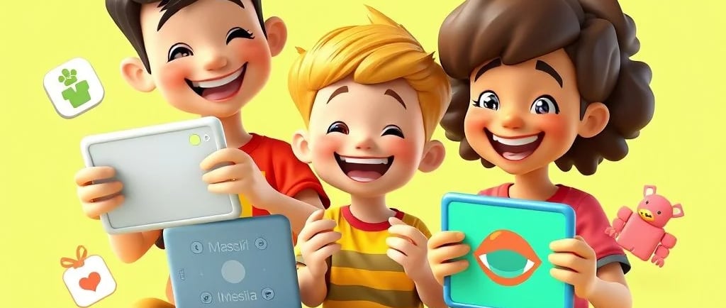 Crianças felizes jogando no celular e no computador com ícones de jogos populares como Toca Boca,