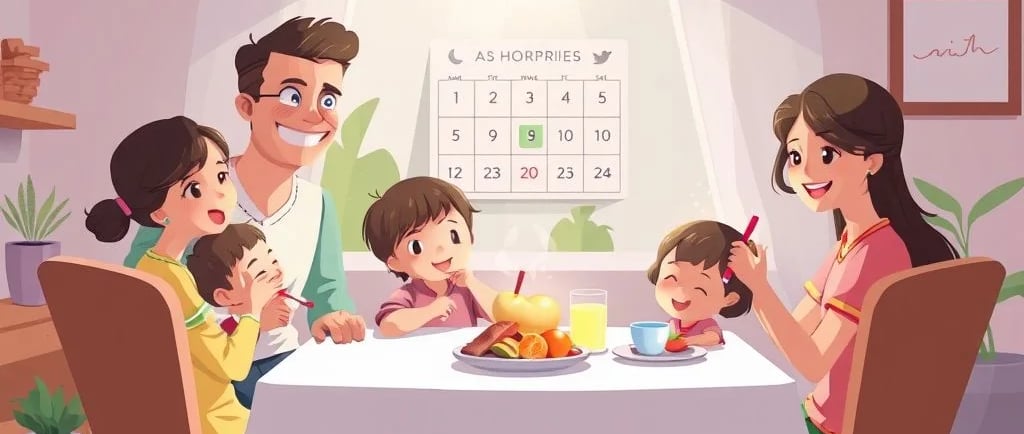 Família feliz organizando a rotina diária das crianças, com pais e filhos sorridentes em uma sala