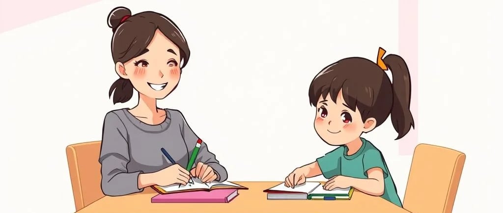 "Mãe e filho estudando juntos à mesa, em clima tranquilo e carinhoso, representando acompanhamento