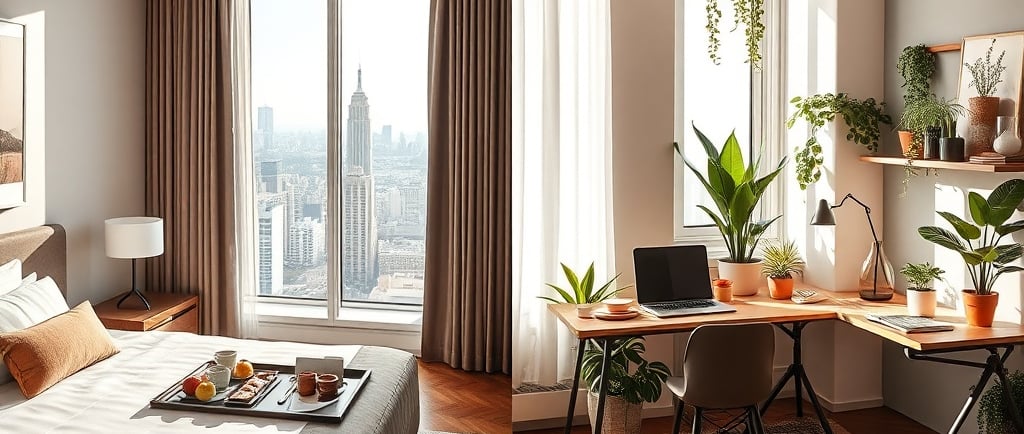 Quarto de hotel moderno e sala de Airbnb moderna lado a lado, comparando estilos de hospedagem para