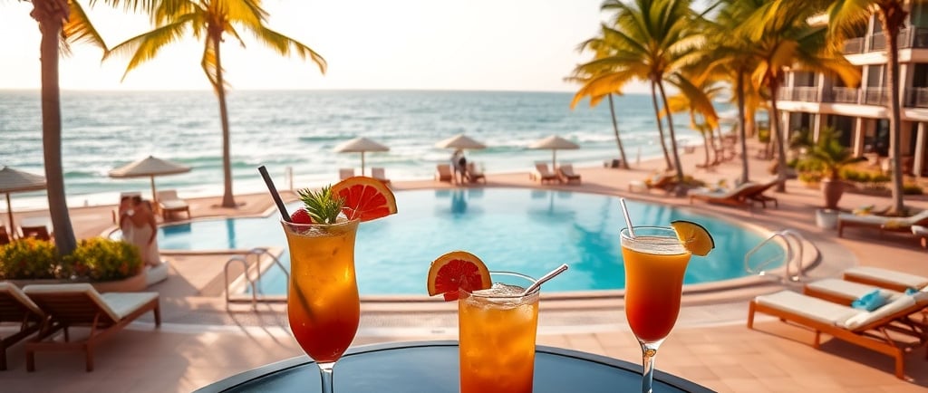 Resort all inclusive de luxo à beira-mar no Brasil com piscina, palmeiras e vista para o oceano