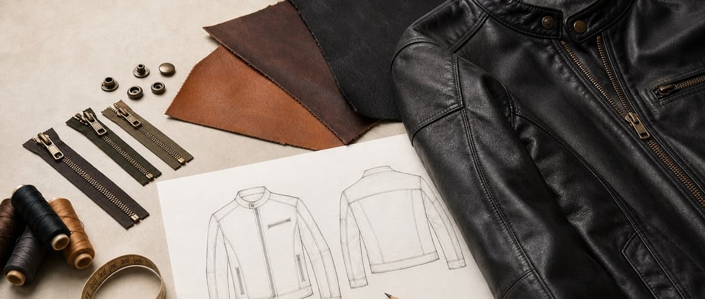 Leather jacket production brief with technical sketch, leather swatches, zippers, snaps, thread and measuring tape