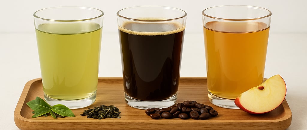 Various weight loss drinks including green tea, coffee, and apple cider vinegar