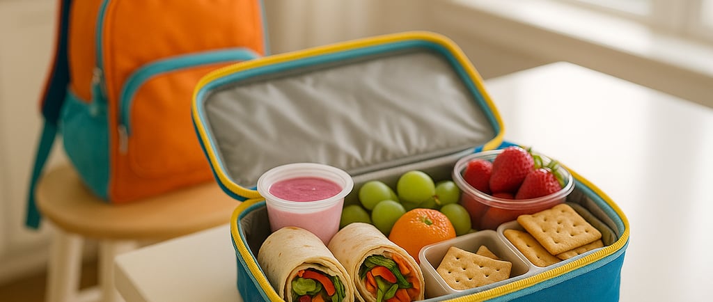 Bright kitchen counter with an open lunchbox filled with wraps, fruit, crackers, and yogurt cup, bac
