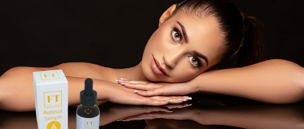 Retinol Serum 30 ml, flesje met inhoud en een vrouwelijk model