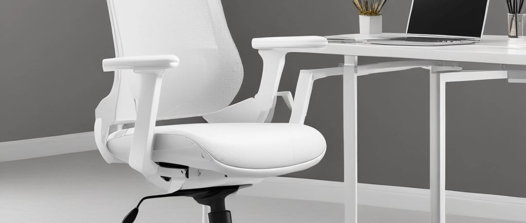 A modern home office setup featuring an ergonomic chair and a sleek desk with a computer monitor.