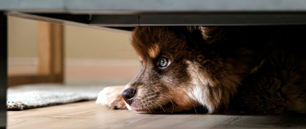 dog hiding under the bed