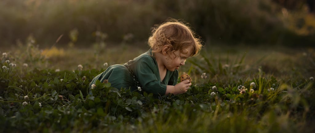 Little girl eating cookie in a field