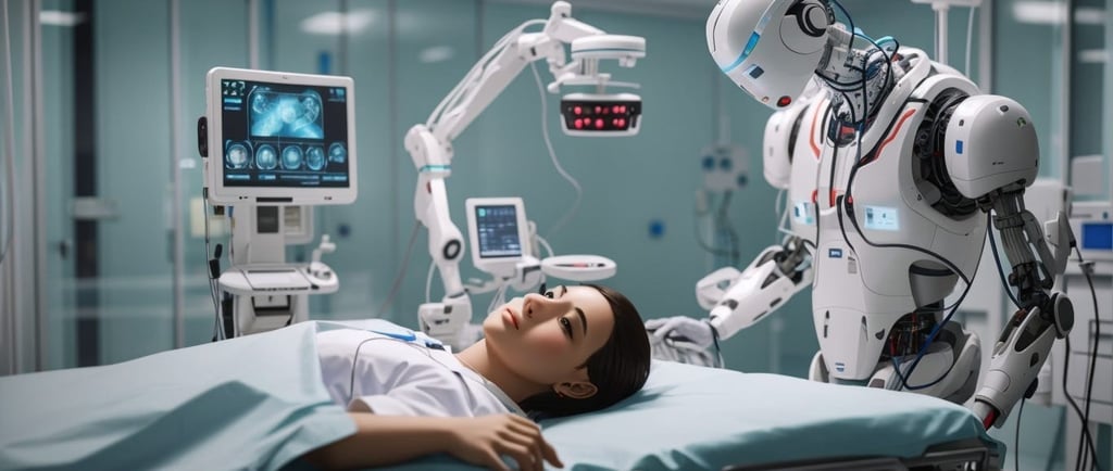 a woman in a hospital bed with a robot