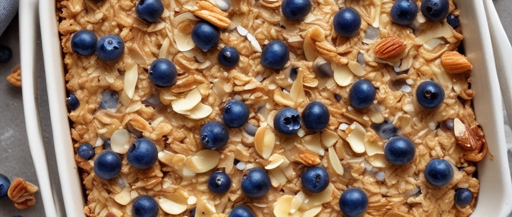A warm, golden-baked oatmeal fresh out of the oven in a rustic ceramic dish.