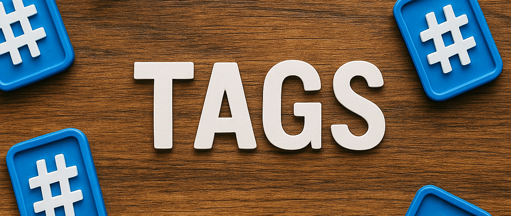 Слово TAGS и иконки хэштегов на деревянном фоне — символика тегирования и классификации контента