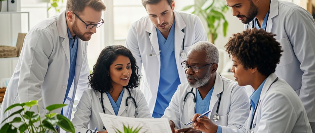 grupo de médicos olhando um papel
