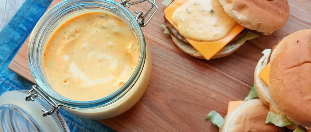 Molho tipo Big Mac caseiro e saudável feito com iogurte, ovos e picles em pote de vidro sobre mesa