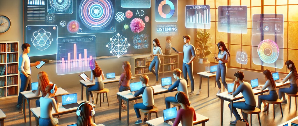 Aula moderna donde un profesor utiliza una tablet y sus estudiantes interactúan con diferentes contenidos generados por IA.