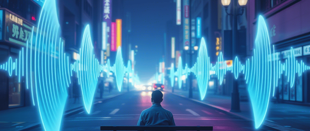 Noche en la ciudad, un banco en mitad de la calle, una persona sentada en él, y ondas de audio siguen la calle.