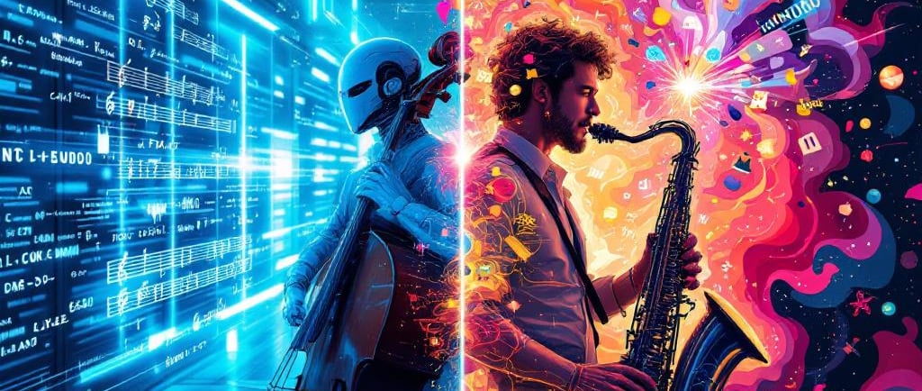 IA: músico clásico con partitura (Machine Learning) y músico de jazz improvisando (IA Generativa).