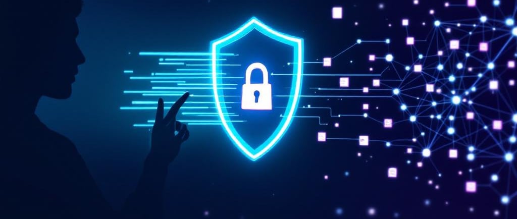 Ilustración de la privacidad en IA: un escudo protege los datos del usuario frente a un cerebro digital.