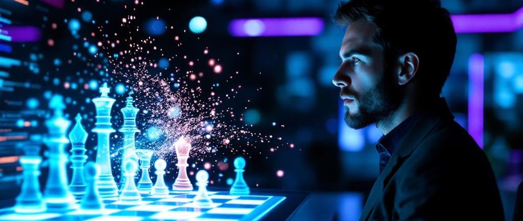 Arquitecto de software dirige una IA representada como un tablero de ajedrez holográfico que genera código..