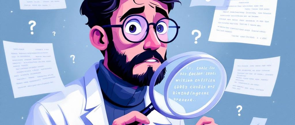 Investigador confundido examina textos que se transforman entre escritura humana y código digital.