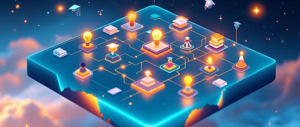 Mapa digital educativo con rutas tecnológicas, iconos académicos y elementos de IA en estilo moderno