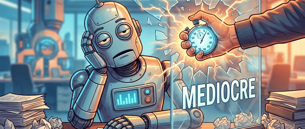 Robot aburrido siendo despertado por una mano humana con un cronómetro, rompiendo un cristal que dice "MEDIOCRE".